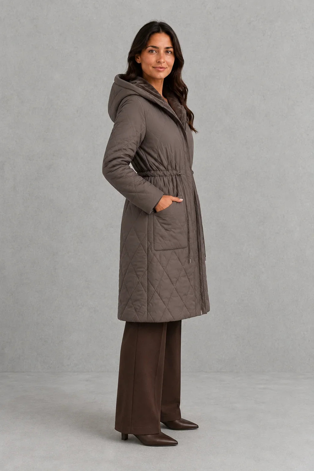 Coat Women - Long Quilted Puffer Coat with Faux Fur Collar