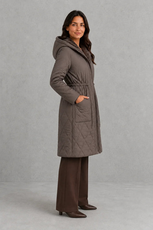 Coat Women - Long Quilted Puffer Coat with Faux Fur Collar
