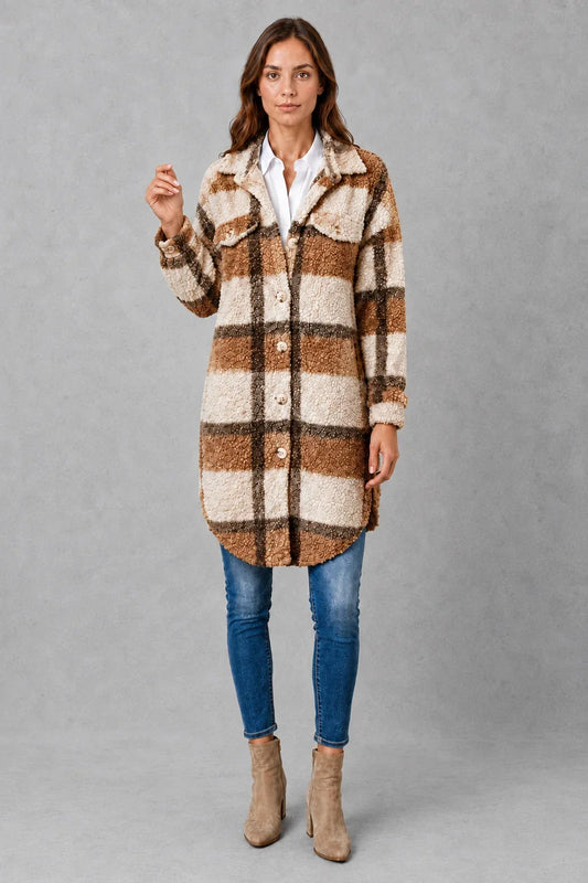 Jacket Women - Plush Check Shacket with Button Front