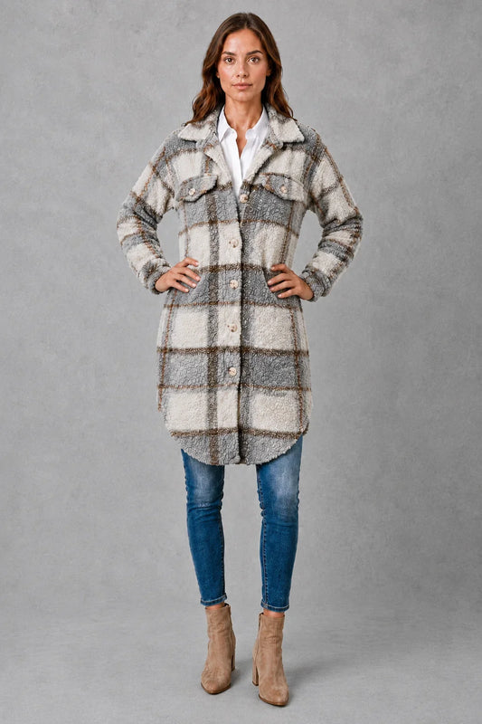 Jacket Women - Plush Check Shacket with Button Front