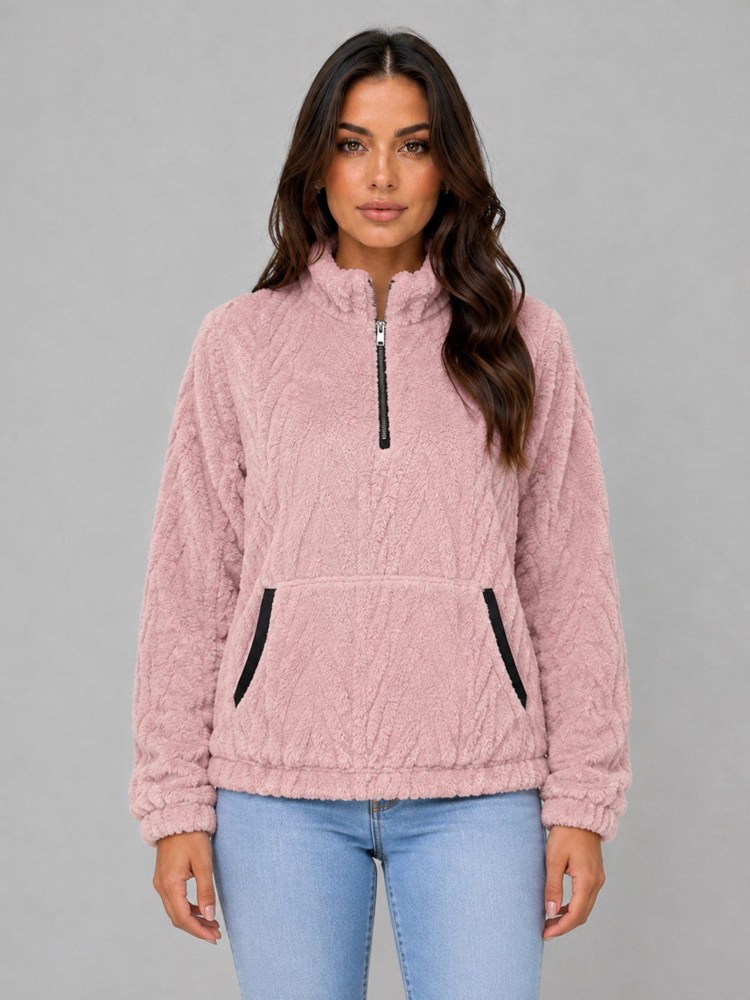 Jacket Women - Half Zip Plush Jacket with High Neck