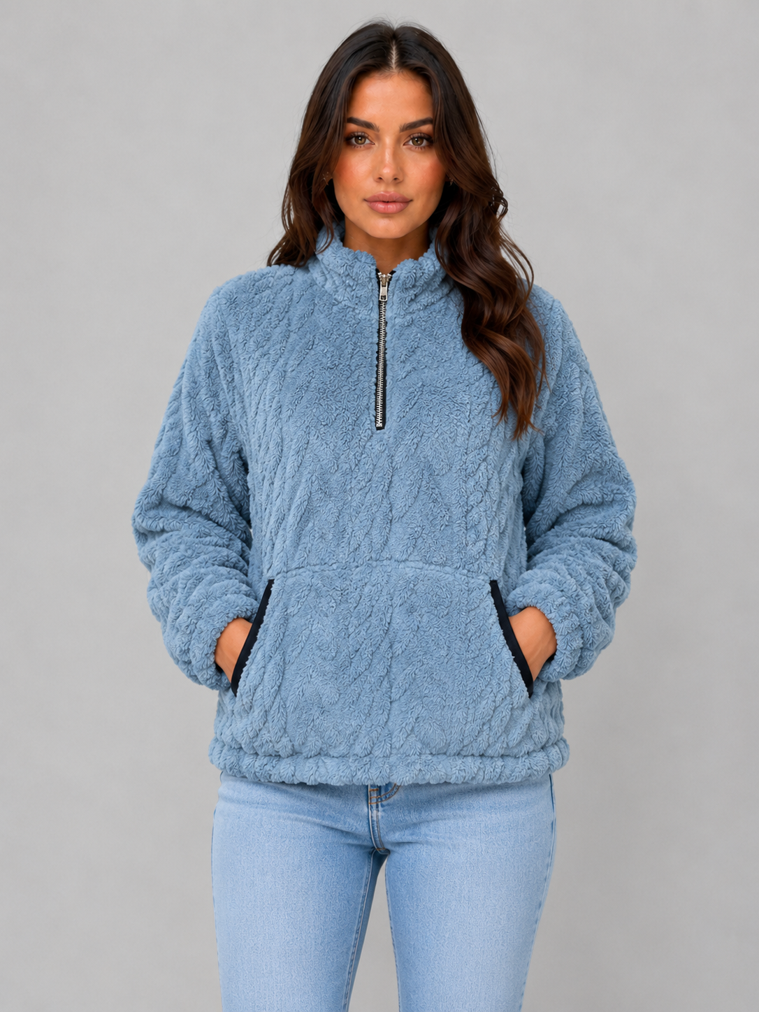 Jacket Women - Half Zip Plush Jacket with High Neck