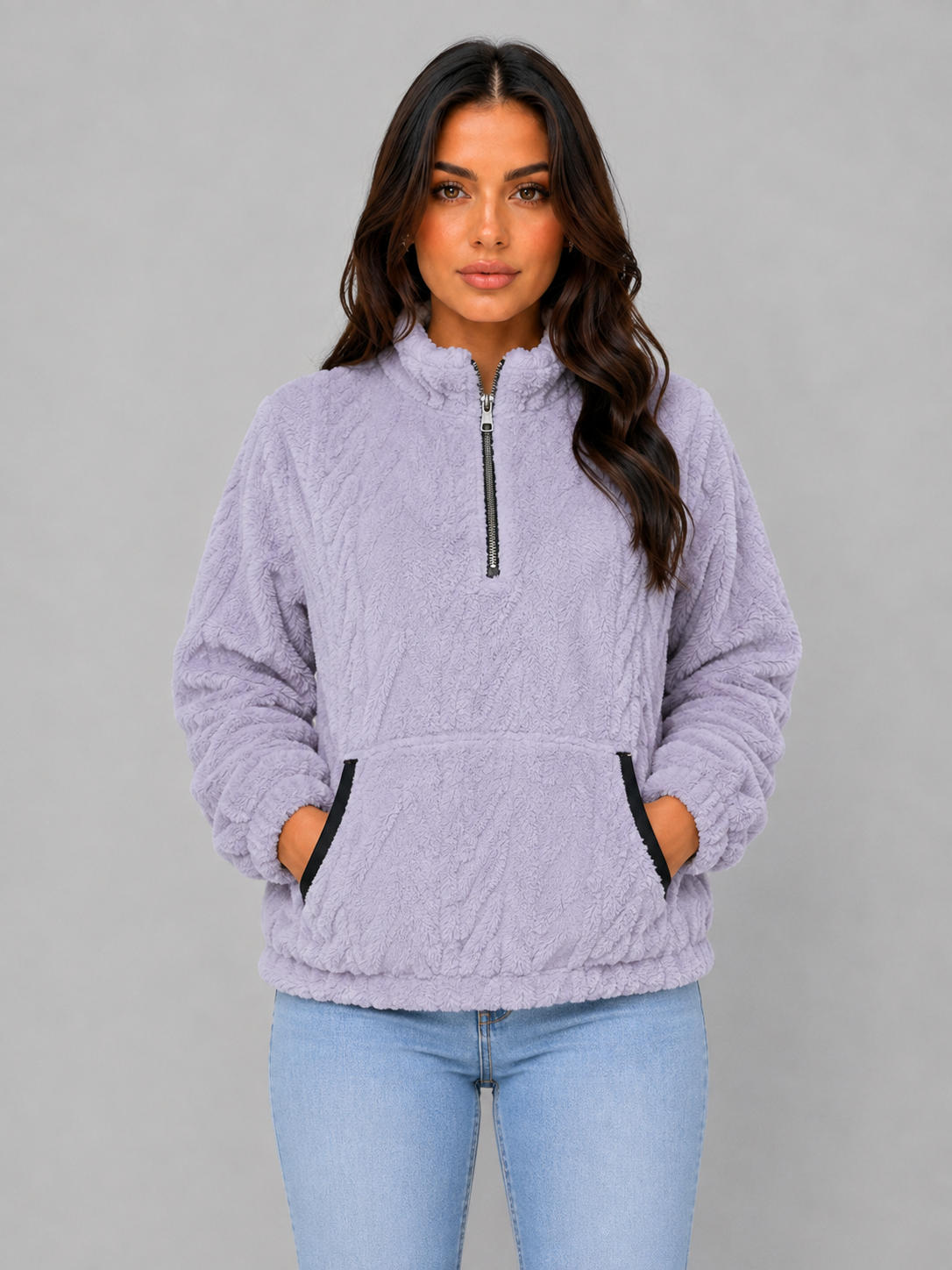 Jacket Women - Half Zip Plush Jacket with High Neck