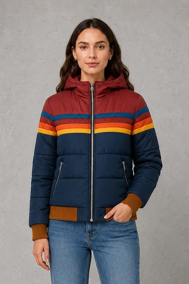 Jacket Women - Retro Striped Puffer Jacket with Zip Front