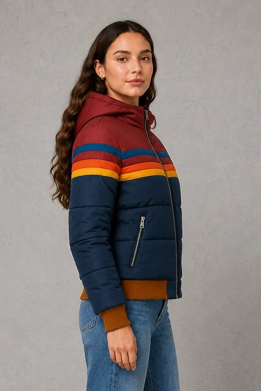 Jacket Women - Retro Striped Puffer Jacket with Zip Front