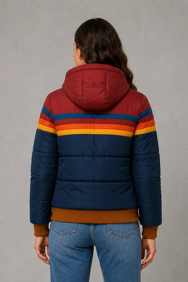 Jacket Women - Retro Striped Puffer Jacket with Zip Front