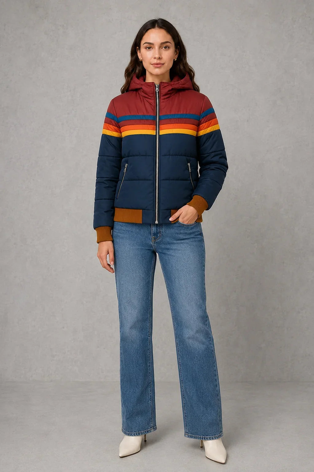 Jacket Women - Retro Striped Puffer Jacket with Zip Front