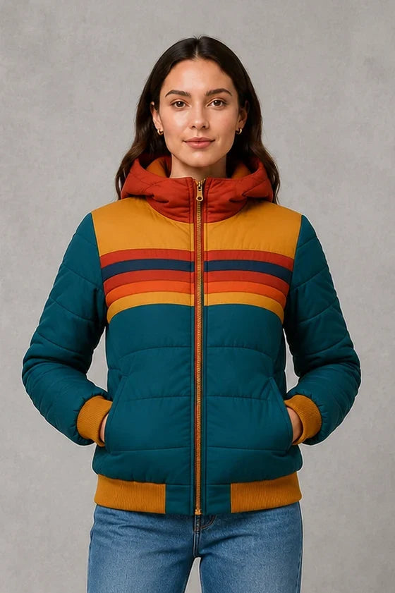 Jacket Women - Retro Striped Puffer Jacket with Zip Front