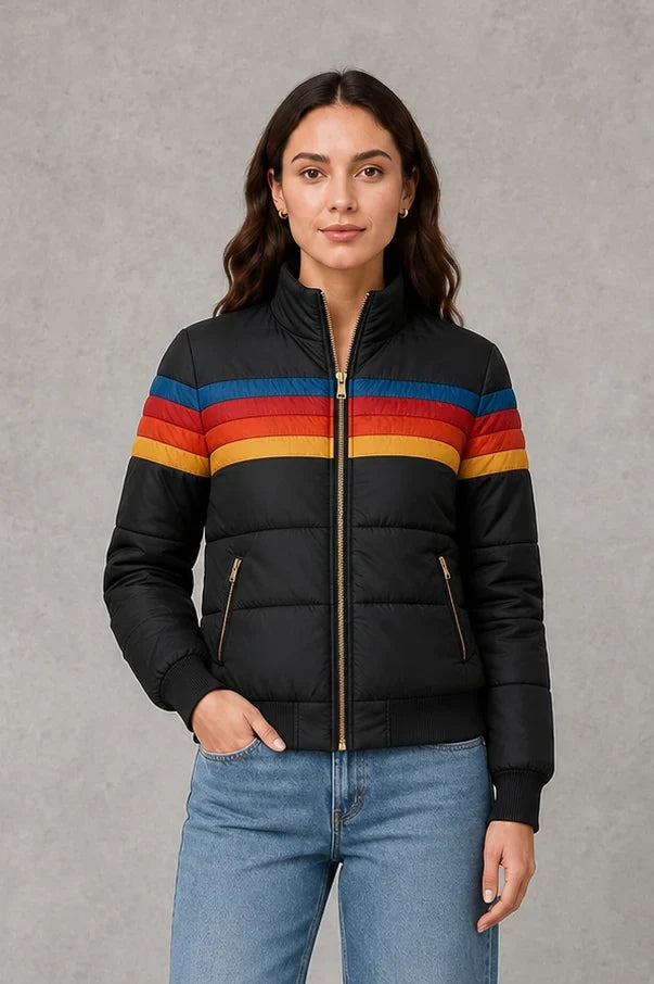 Jacket Women - Retro Striped Puffer Jacket with Zip Front