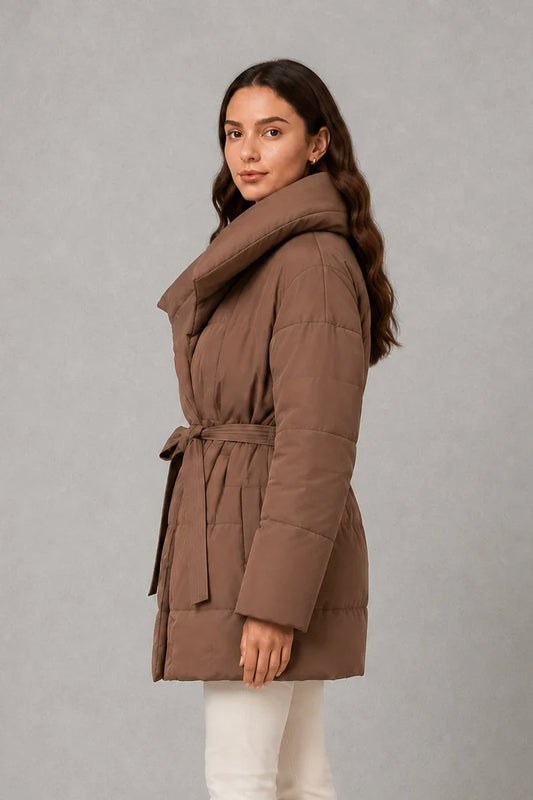 Jacket Women - Quilted Puffer Jacket with Belted Waist