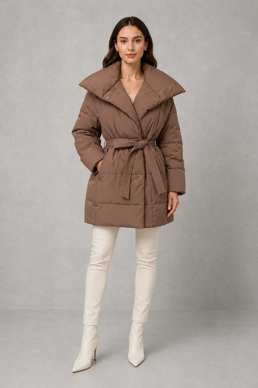Jacket Women - Quilted Puffer Jacket with Belted Waist