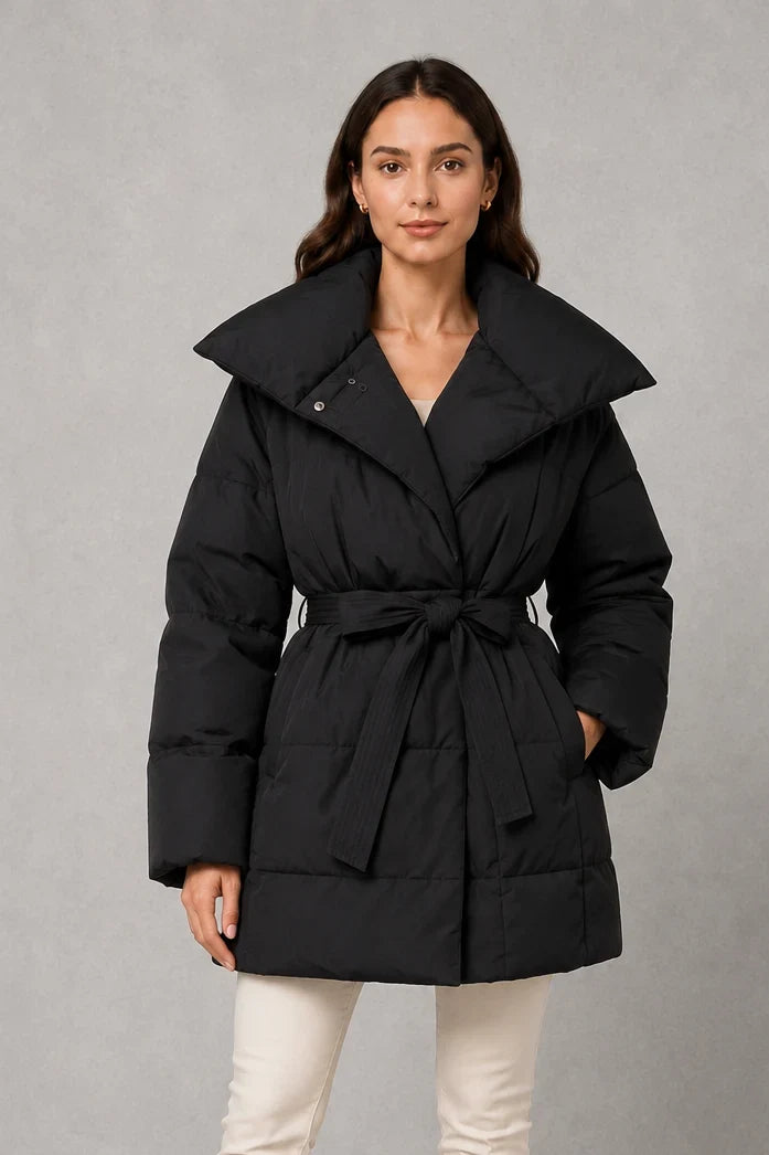 Jacket Women - Quilted Puffer Jacket with Belted Waist
