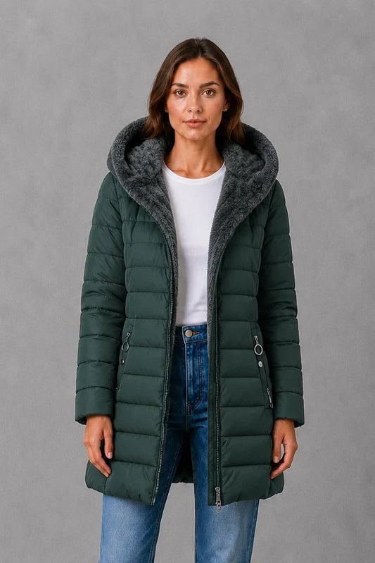 Coat Women - Long Puffer Coat with Faux Fur Hood