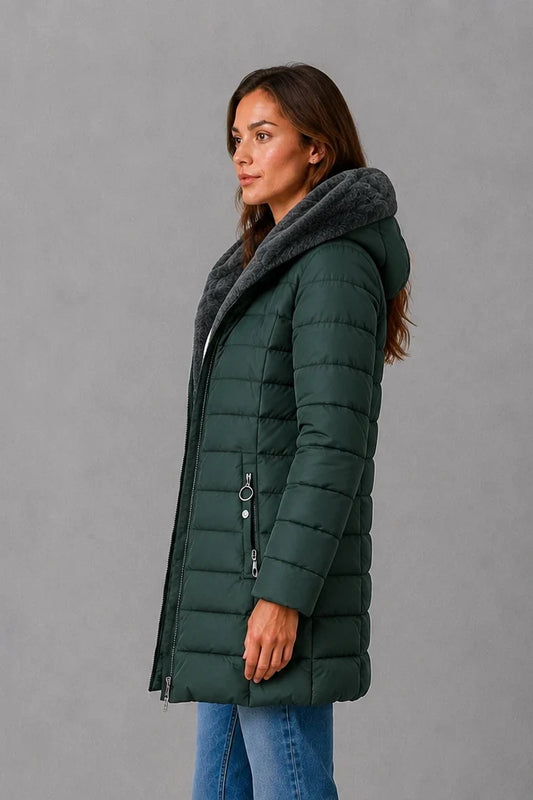 Coat Women - Long Puffer Coat with Faux Fur Hood