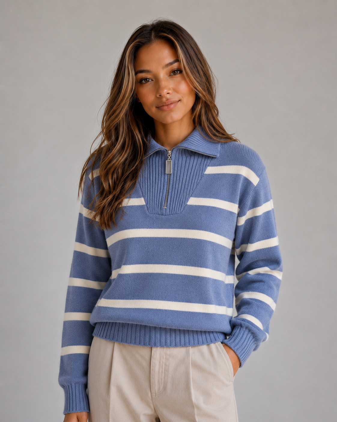 Cardigan Women - Striped Half-Zip Cardigan
