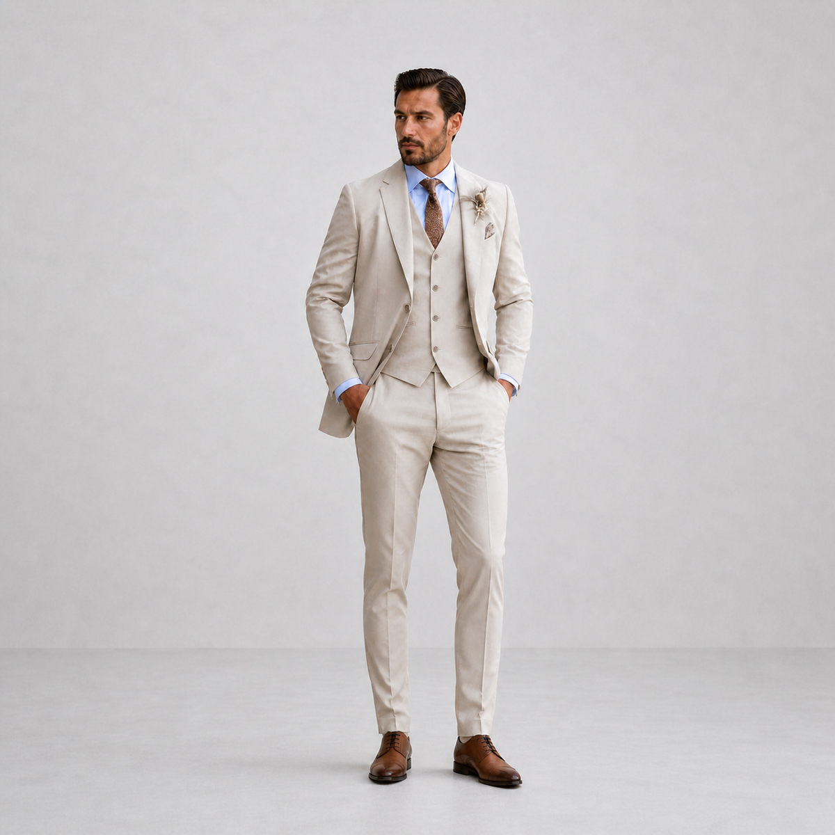 Suit Men - Linen Breathable Suit with V-Neckline