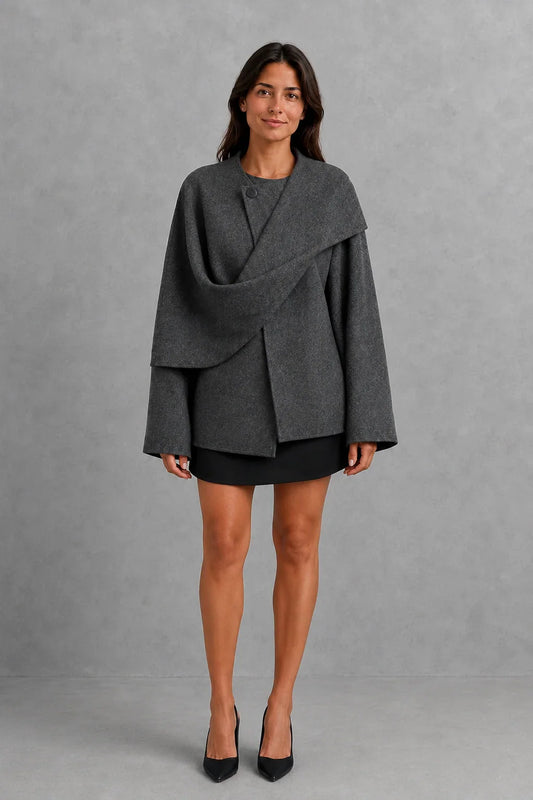 Coat Women - Wool Blend Cape Coat with Integrated Scarf