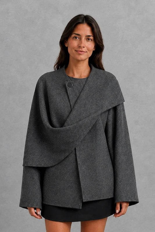 Coat Women - Wool Blend Cape Coat with Integrated Scarf
