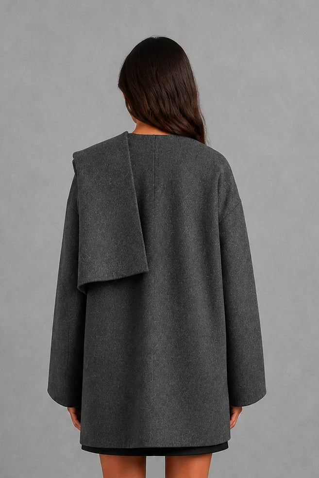Coat Women - Wool Blend Cape Coat with Integrated Scarf