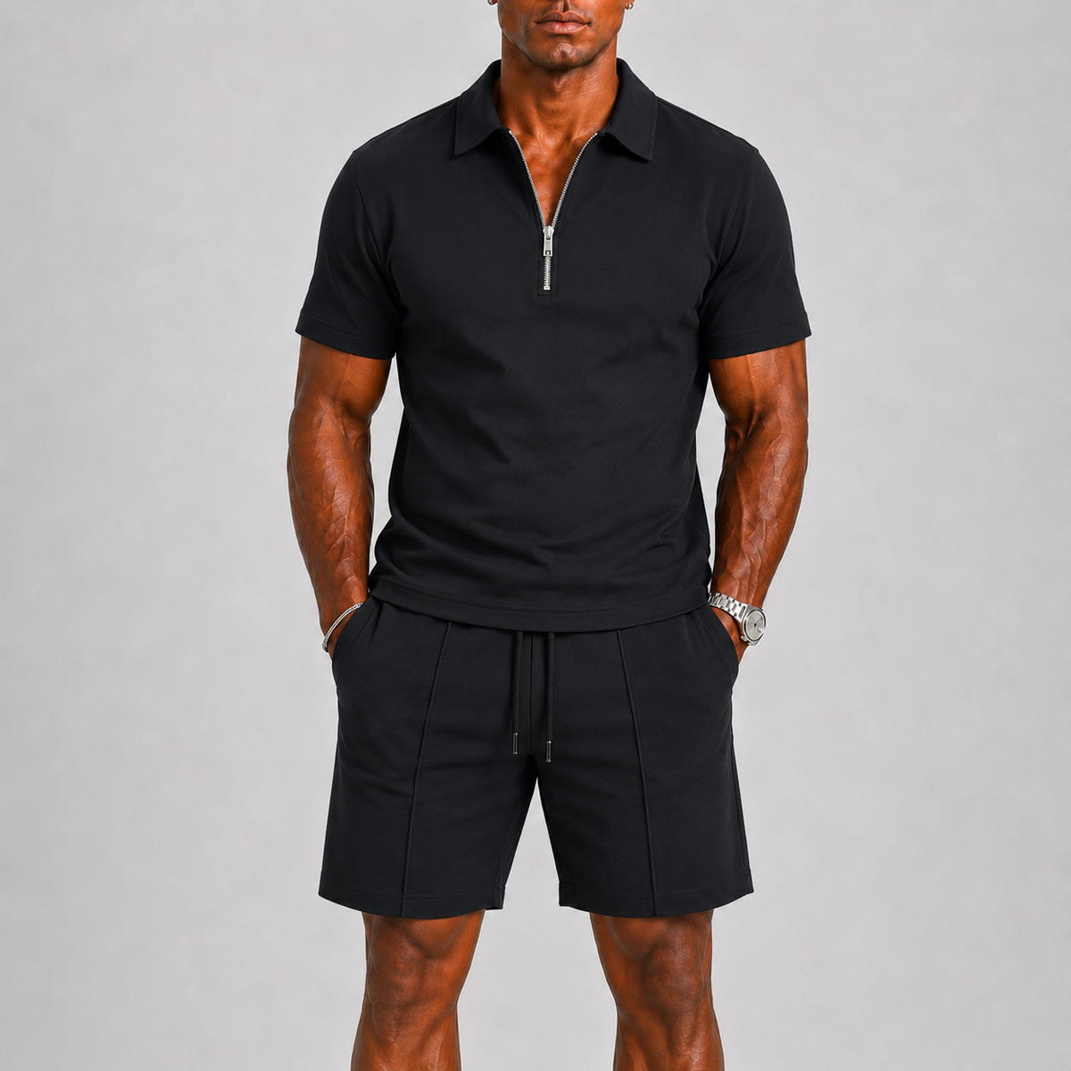 Set Men - Zip-Up Two-Piece Summer Outfit with Polo and Shorts