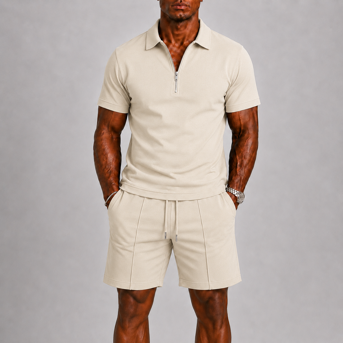 Set Men - Zip-Up Two-Piece Summer Outfit with Polo and Shorts