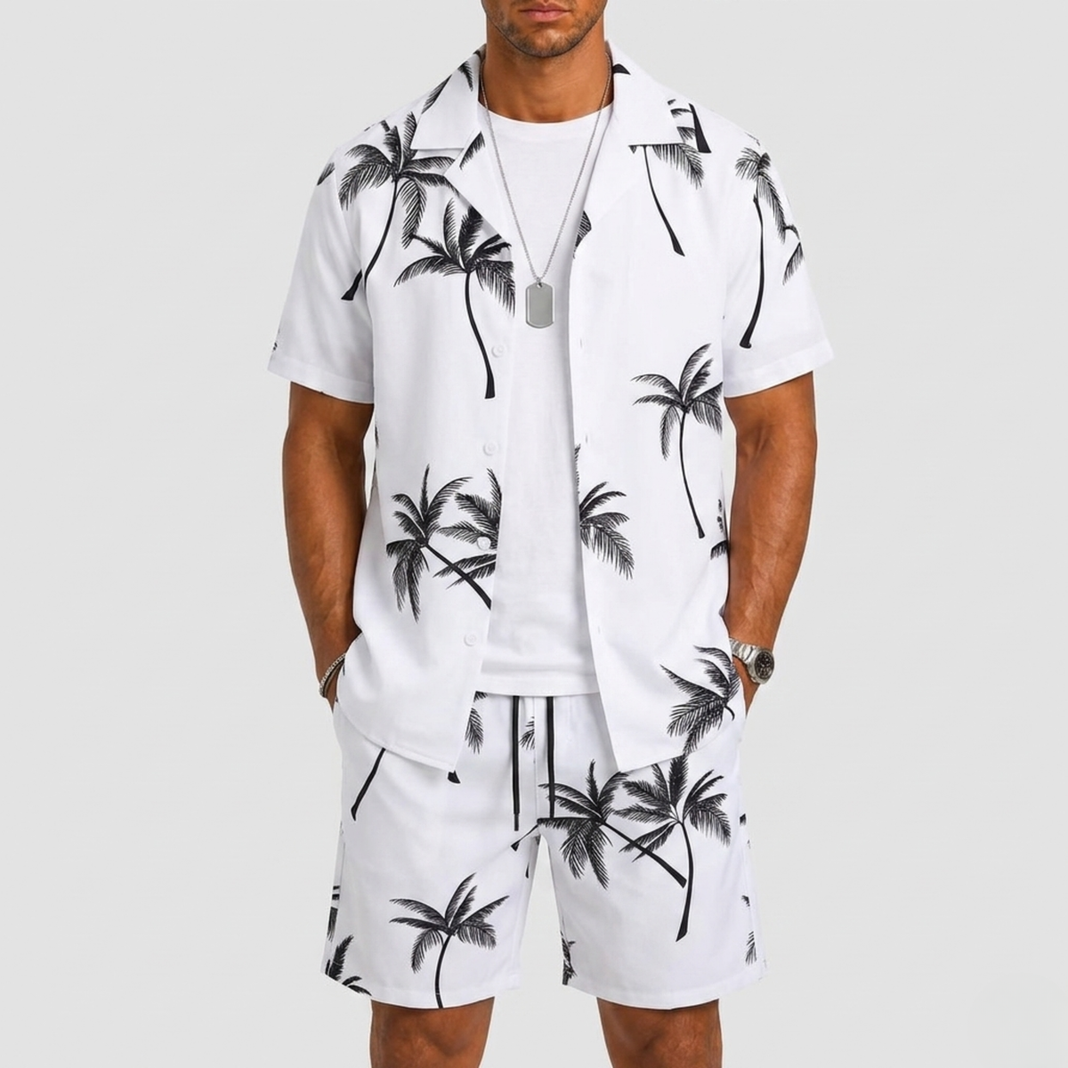 Set Men - Palm Print Two-Piece Summer Outfit with Short Sleeves