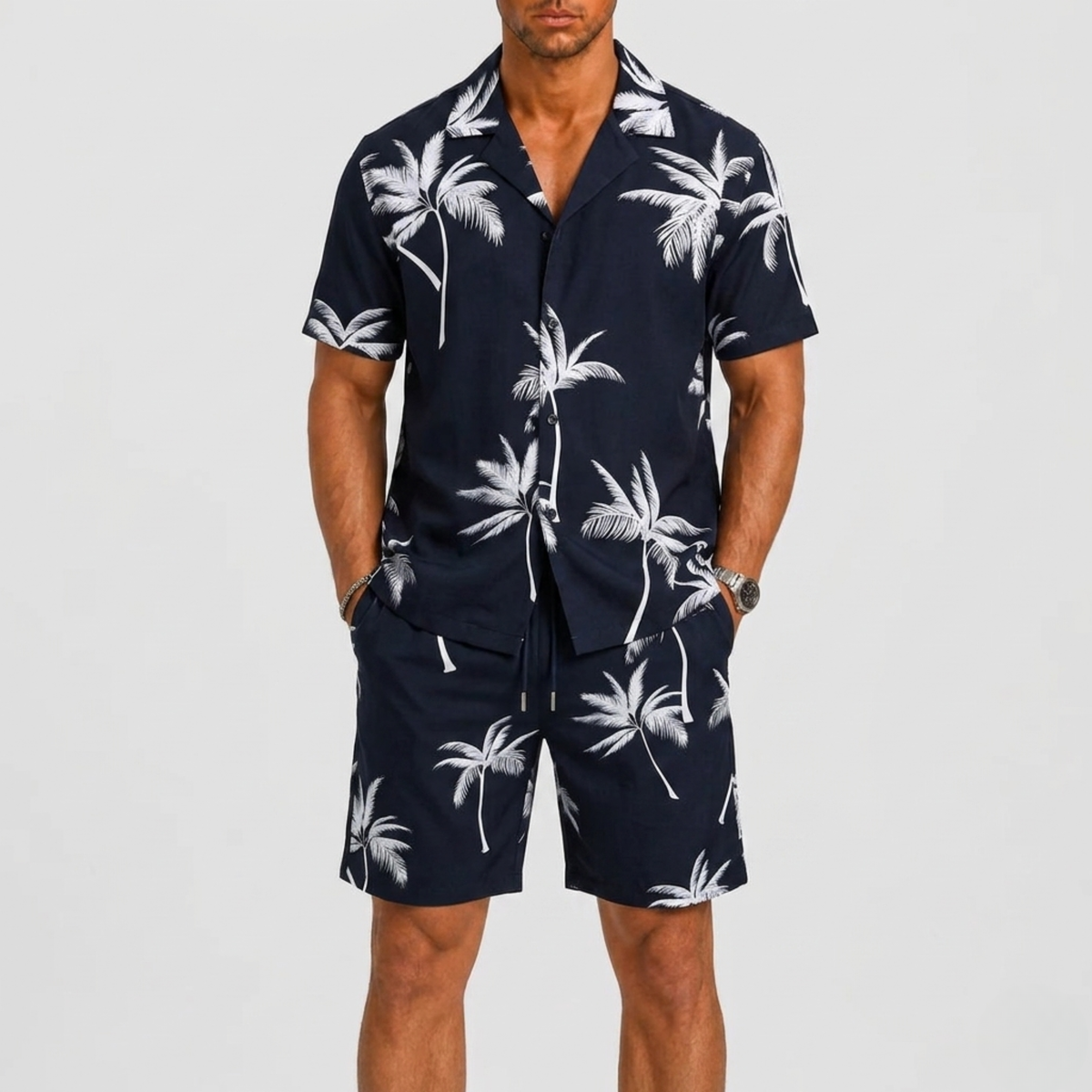 Set Men - Palm Print Two-Piece Summer Outfit with Short Sleeves