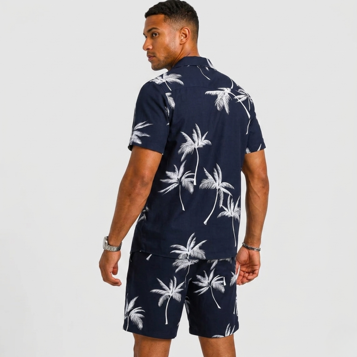 Set Men - Palm Print Two-Piece Summer Outfit with Short Sleeves