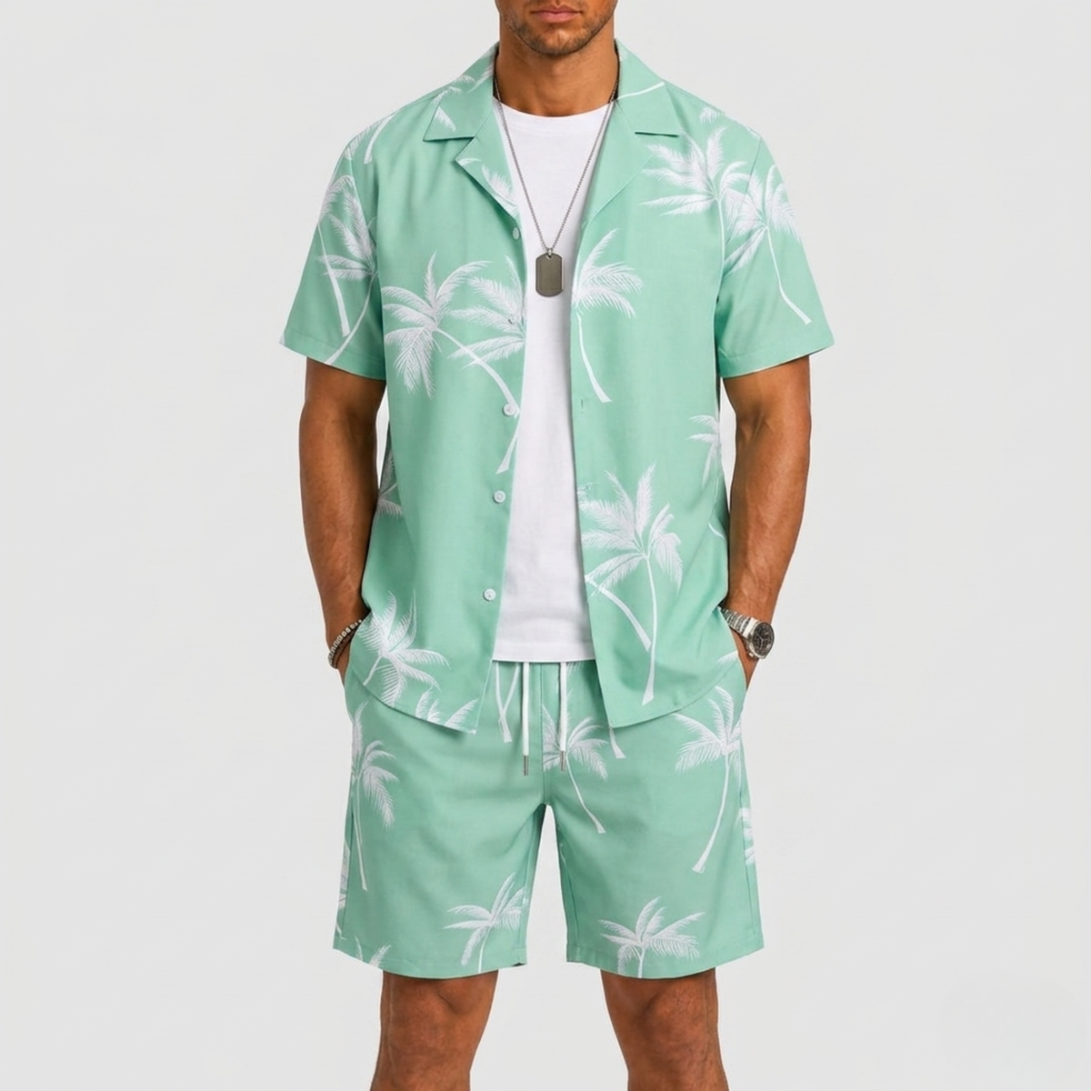 Set Men - Palm Print Two-Piece Summer Outfit with Short Sleeves