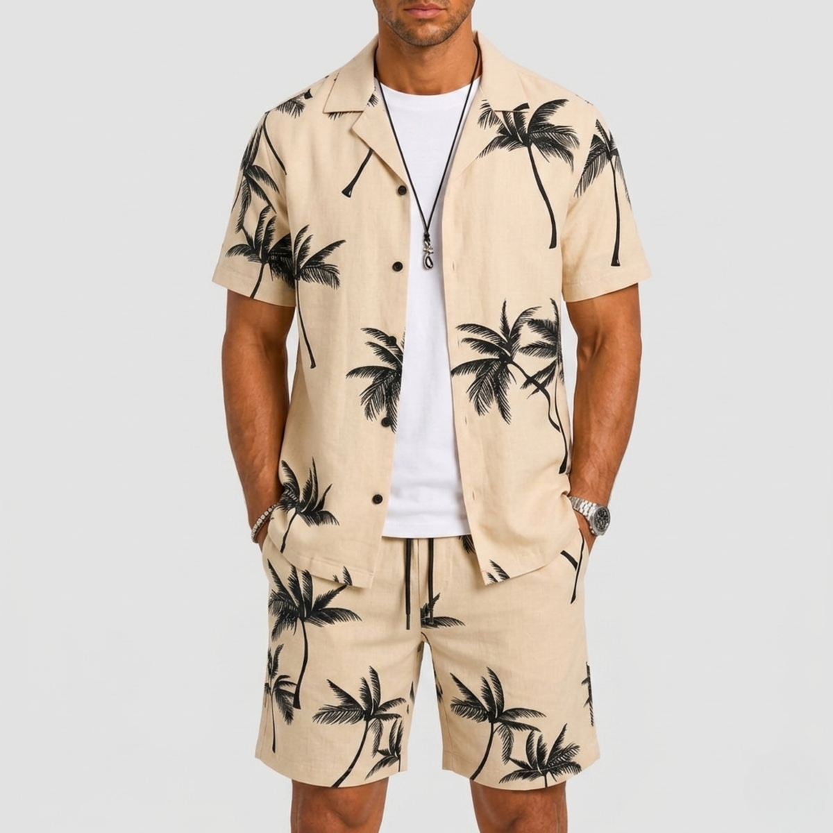 Set Men - Palm Print Two-Piece Summer Outfit with Short Sleeves