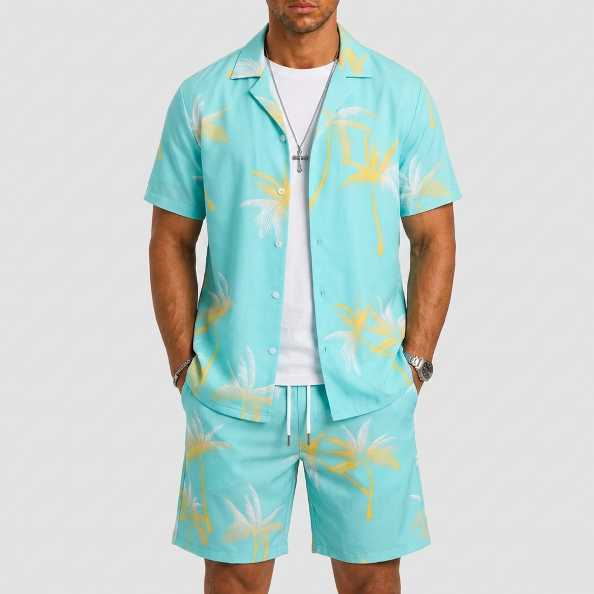 Set Men - Palm Print Two-Piece Summer Outfit with Short Sleeves