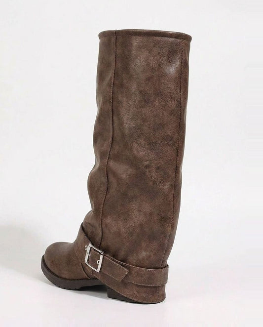 Knee High Boots Women - Slouchy Leather Knee High Boots with Buckle Detail