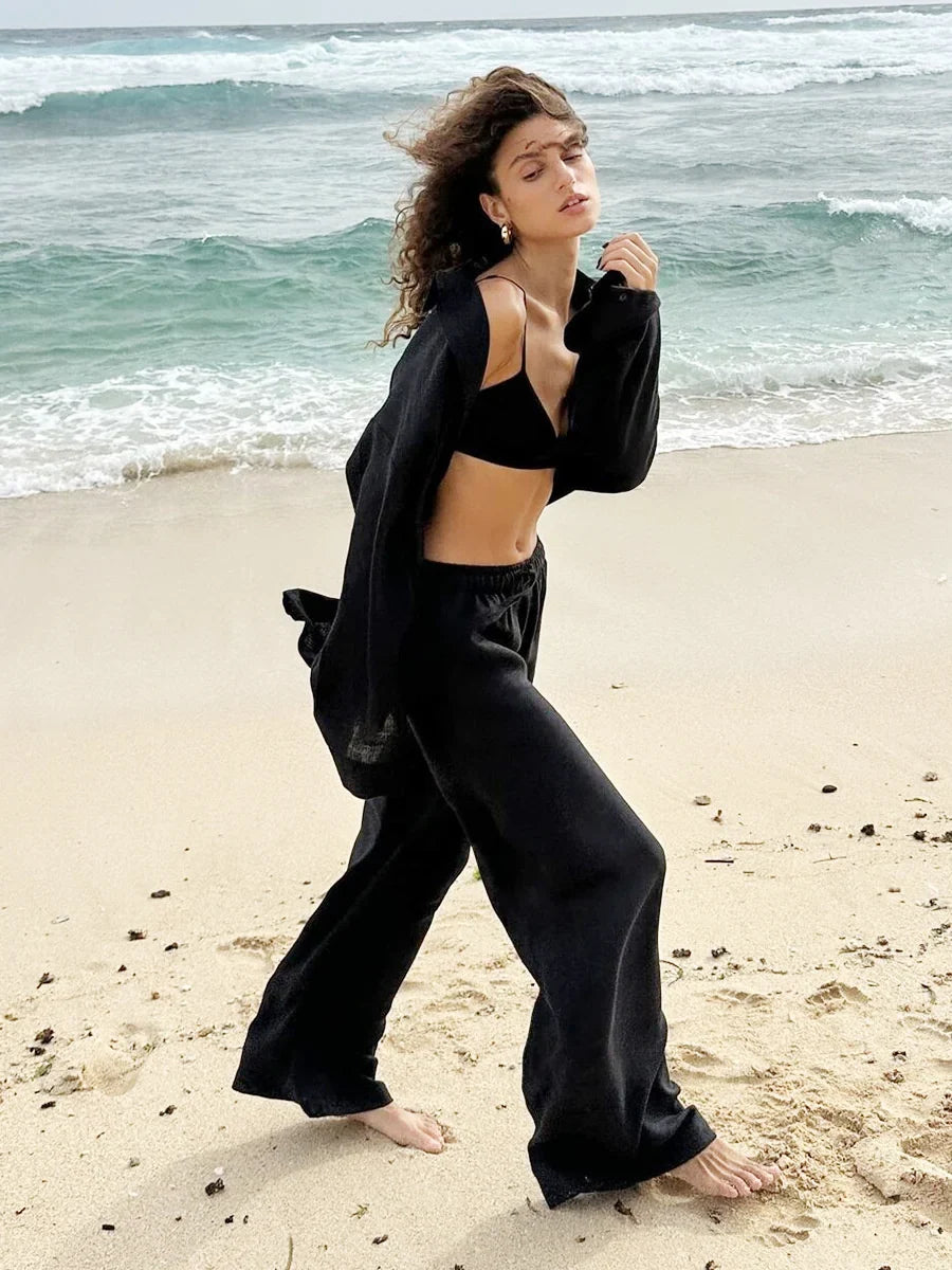Set Women - Wide Leg Co-Ord Shirt Outfit with Lapel Detail
