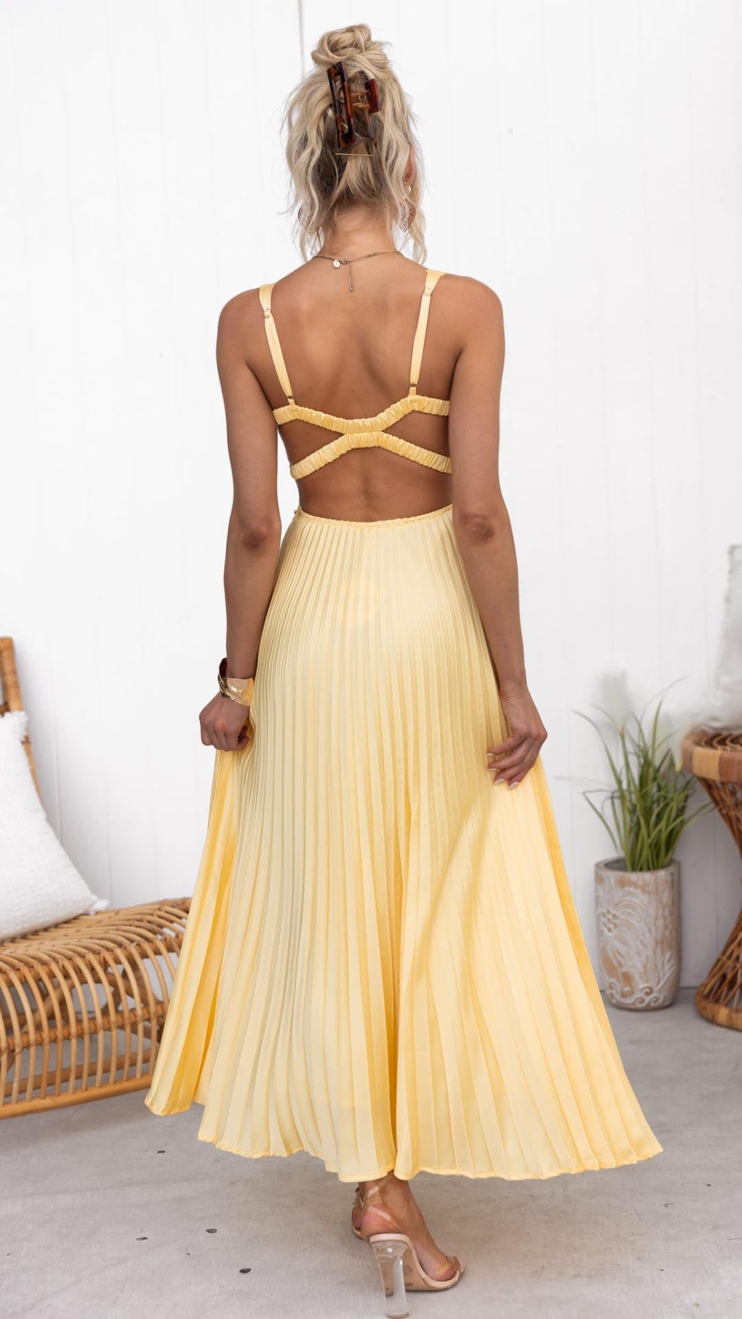 Maxi Dress Women - Pleated Flowing Summer Dress with V-Neckline