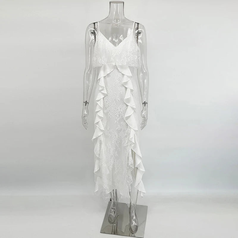 Midi Dress Women - Lace Ruffle Strap Dress