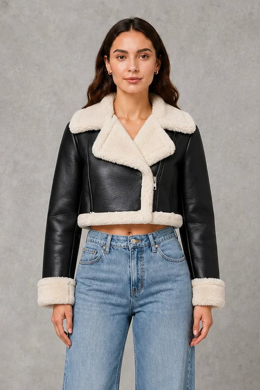Jacket Women - Cropped Aviator Jacket with Borg Collar