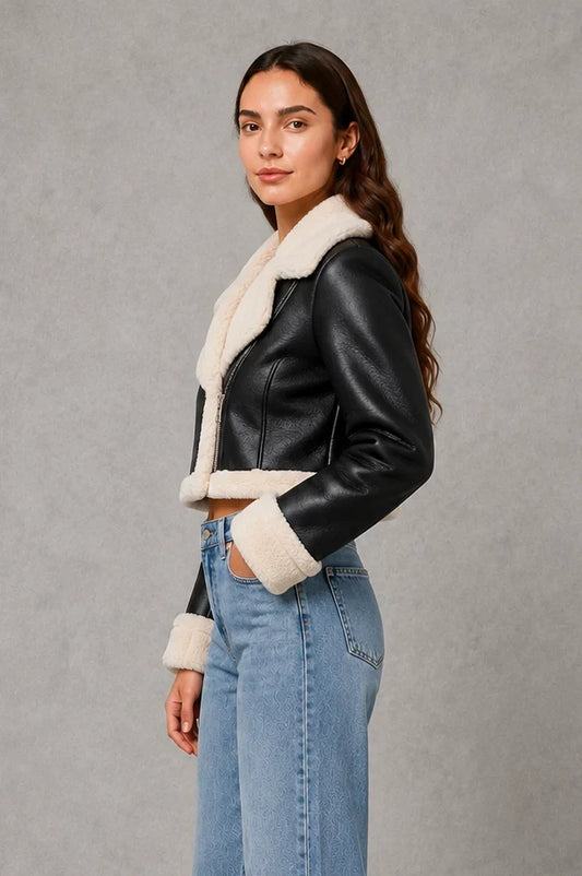 Jacket Women - Cropped Aviator Jacket with Borg Collar