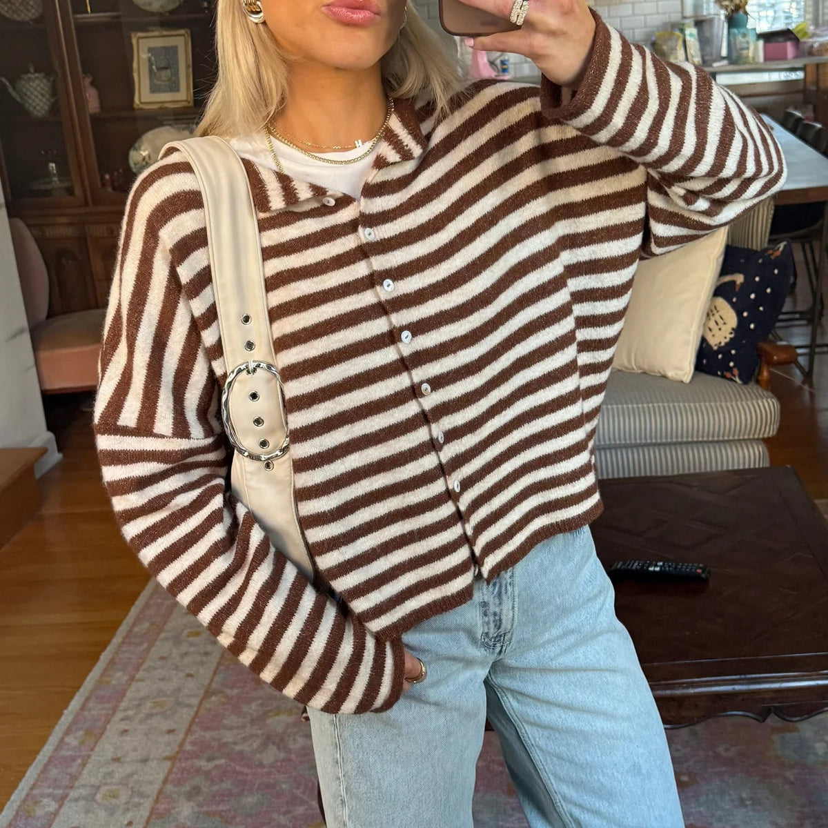 Cardigan Women - Striped Knit Cardigan with Button Front