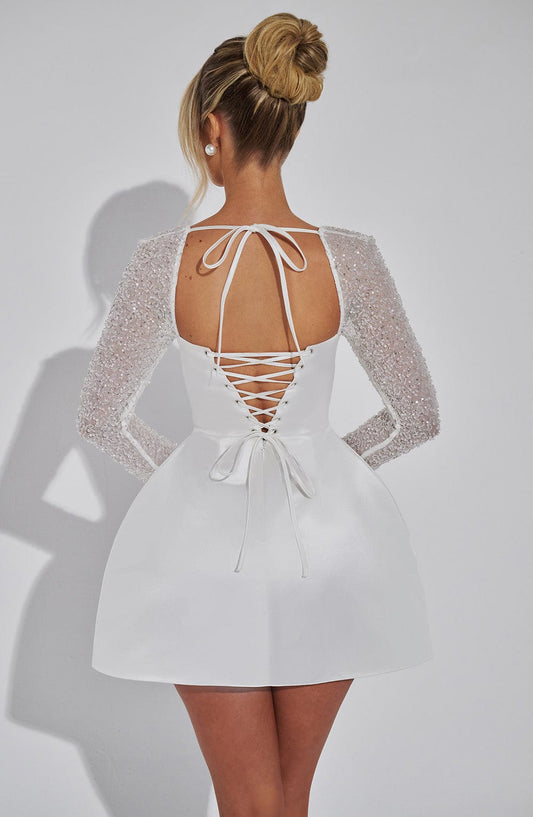 Mini Dress Women - Satin Dress with Puff Sleeves and Square Neckline