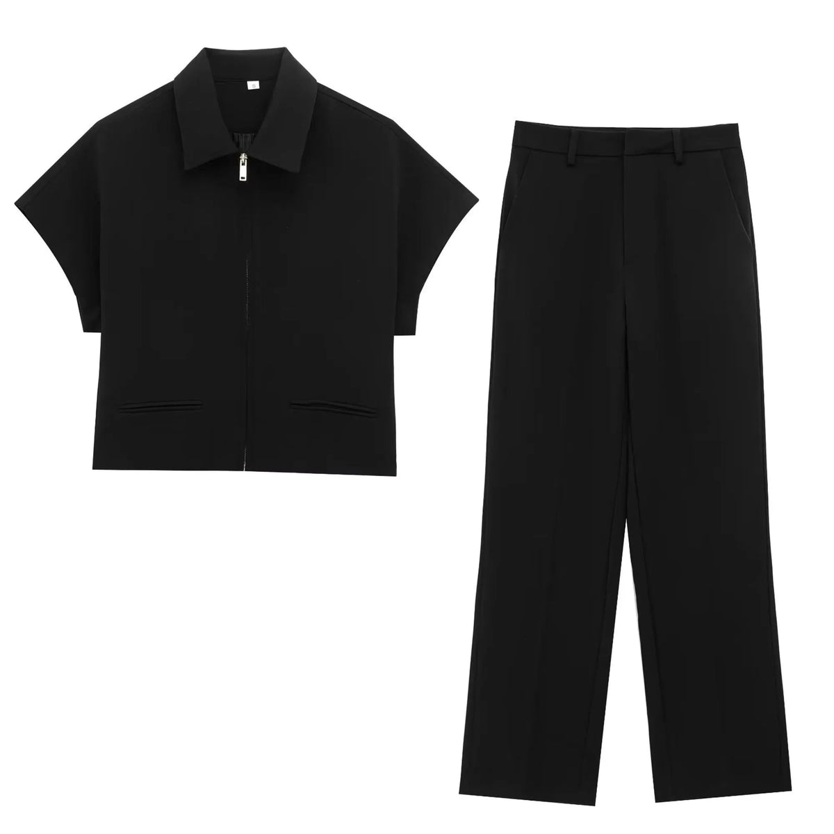 Two Piece Set Women - Wide Leg Jacket Trousers Set with Zip Detail