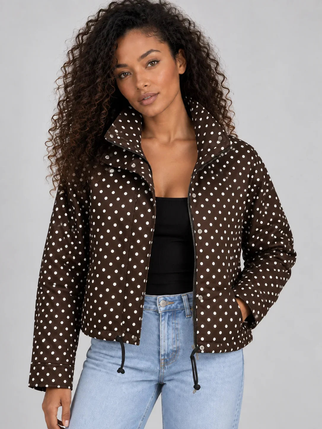 Jacket Women - Cropped Jacket with Polka Dot Print and High Neck