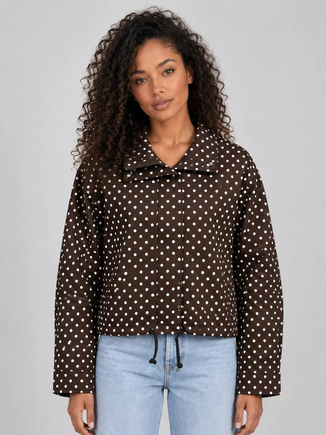Jacket Women - Cropped Jacket with Polka Dot Print and High Neck