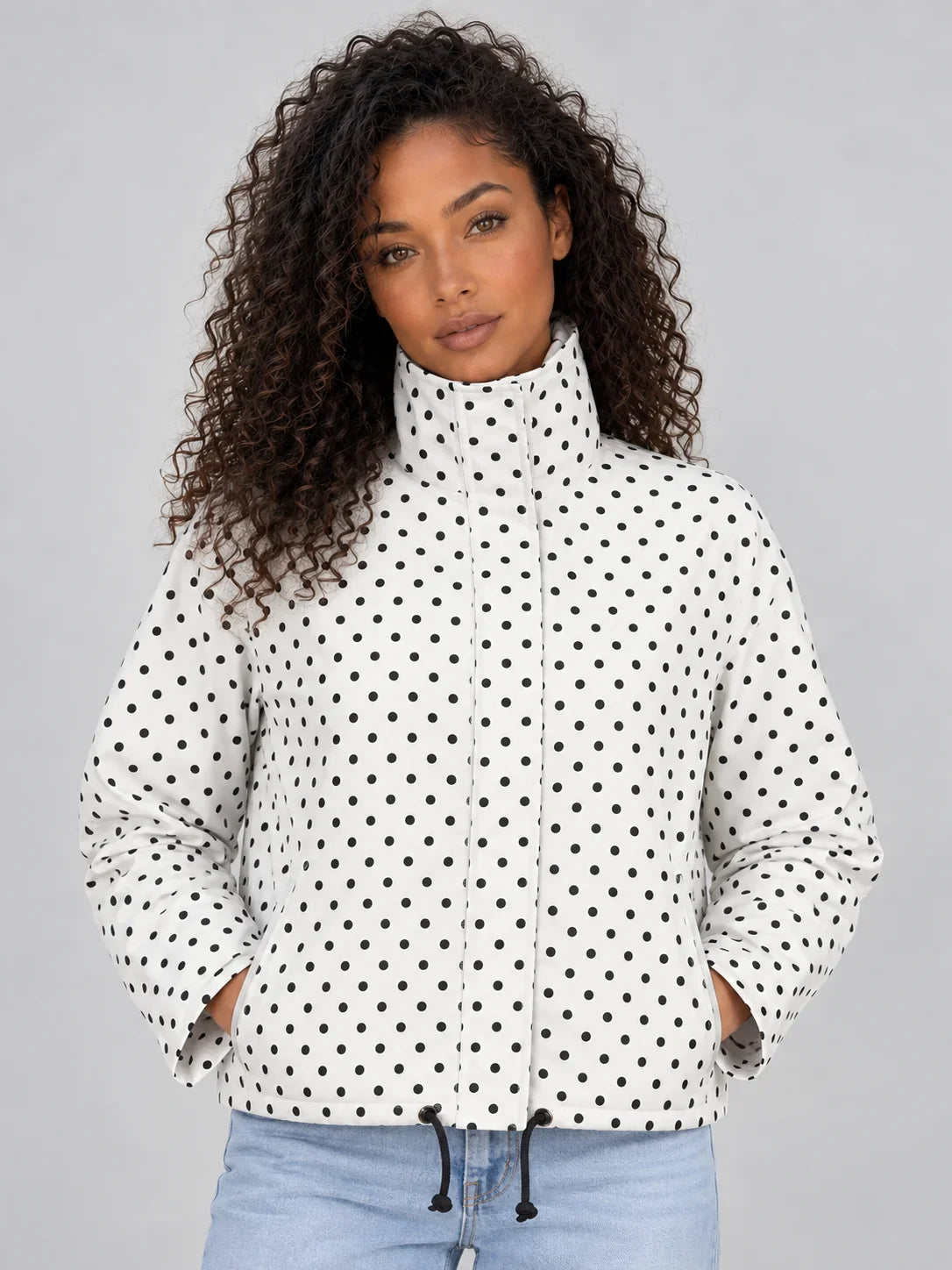 Jacket Women - Cropped Jacket with Polka Dot Print and High Neck