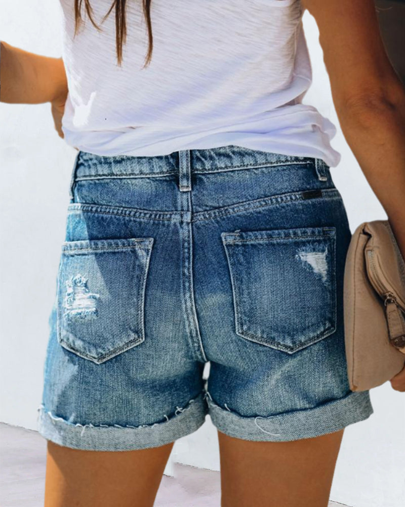 Denim Shorts Women - Button-Front Denim Shorts with Folded Hem