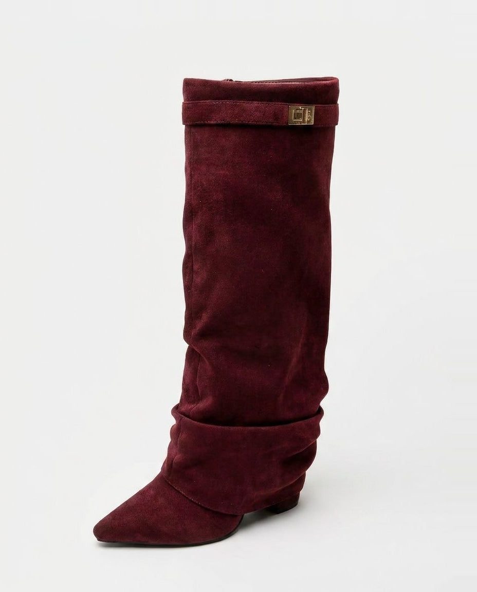 Knee High Boots Women - Fold-Over Slouchy Knee High Boots with Block Heel