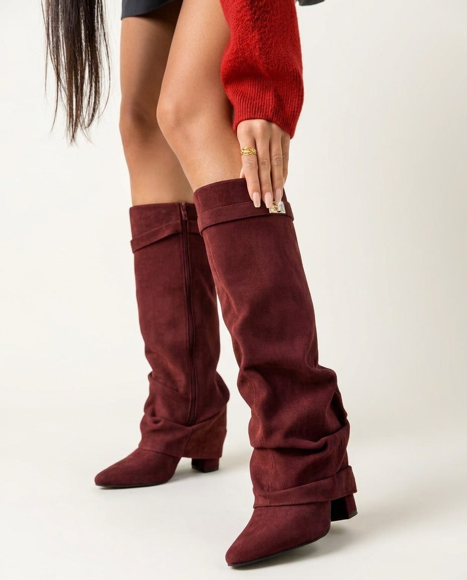 Knee High Boots Women - Fold-Over Slouchy Knee High Boots with Block Heel