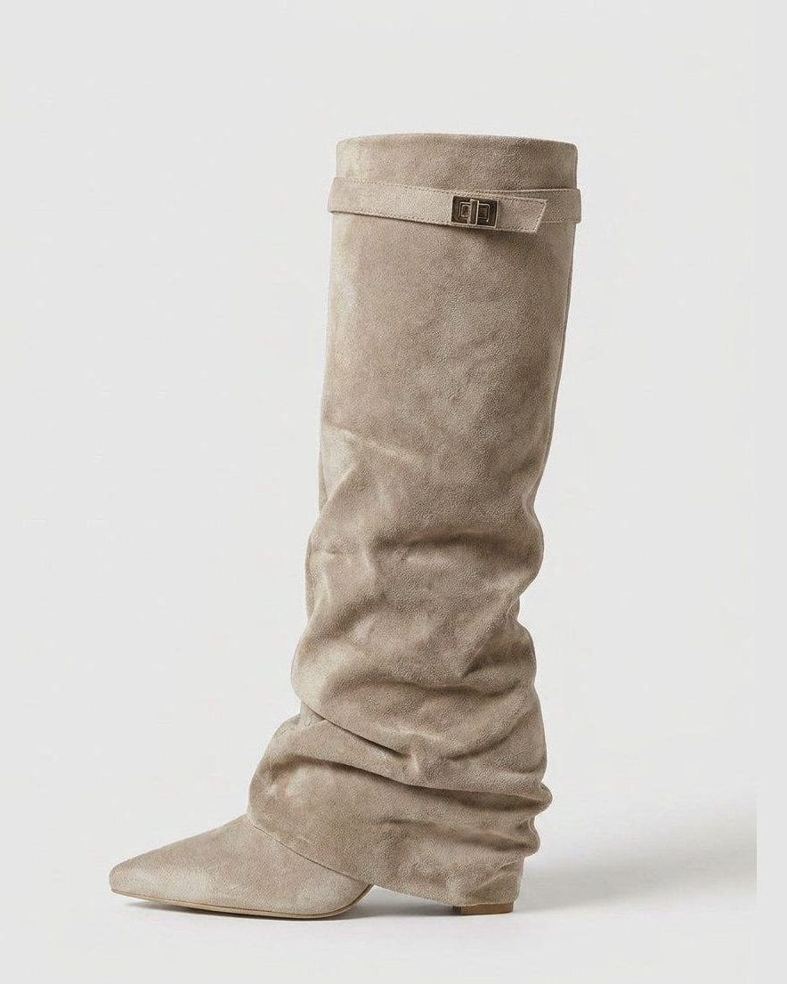Knee High Boots Women - Fold-Over Slouchy Knee High Boots with Block Heel