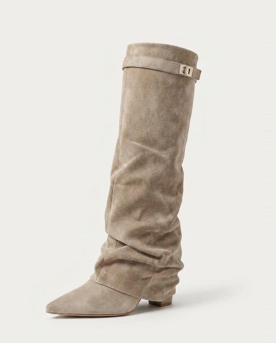 Knee High Boots Women - Fold-Over Slouchy Knee High Boots with Block Heel