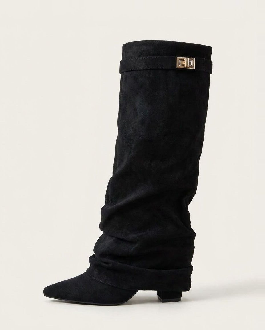 Knee High Boots Women - Fold-Over Slouchy Knee High Boots with Block Heel