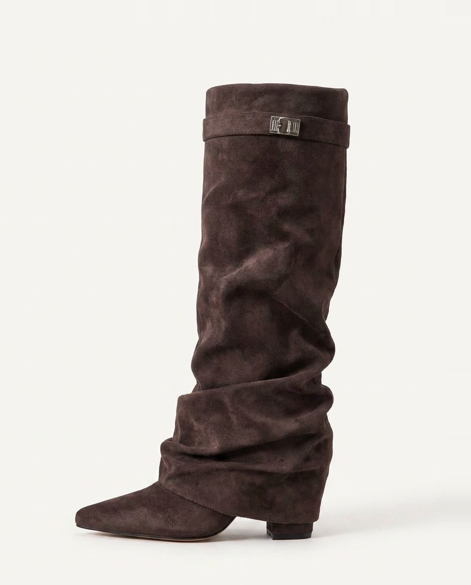 Knee High Boots Women - Fold-Over Slouchy Knee High Boots with Block Heel
